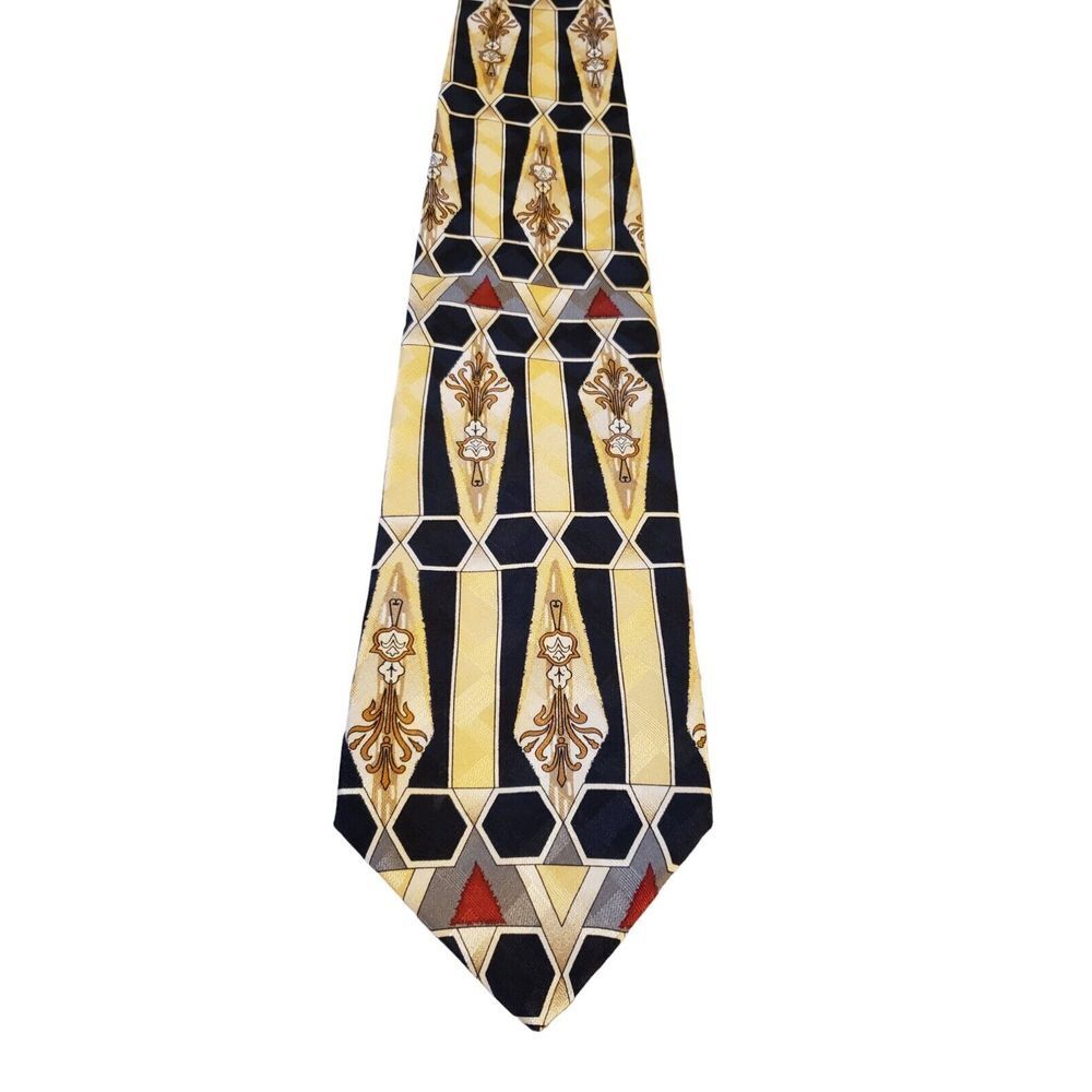 Palani 100% Silk Tie Geometric Black Yellow Made In USA Business Work Wedding